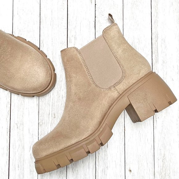 New Wheat Beige Chelsea Elastic Platform Sole Ankle Boots Booties - Picture 1 of 6